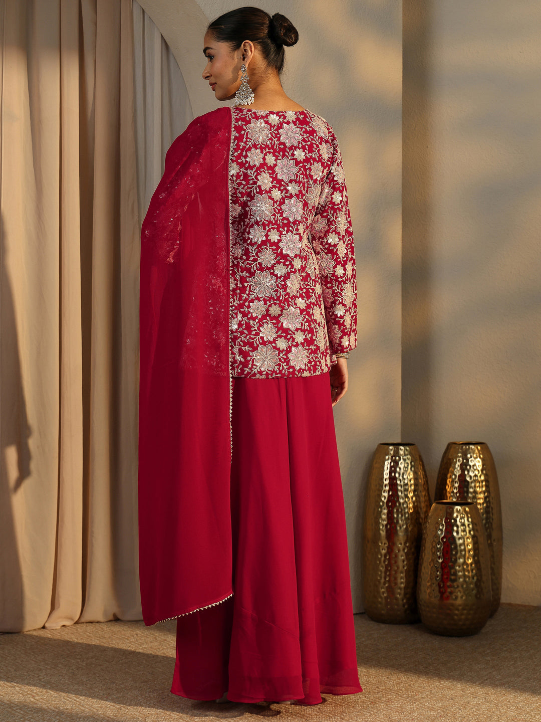  Libas Art Red Embroidered Georgette Straight Suit Set With Dupatta 