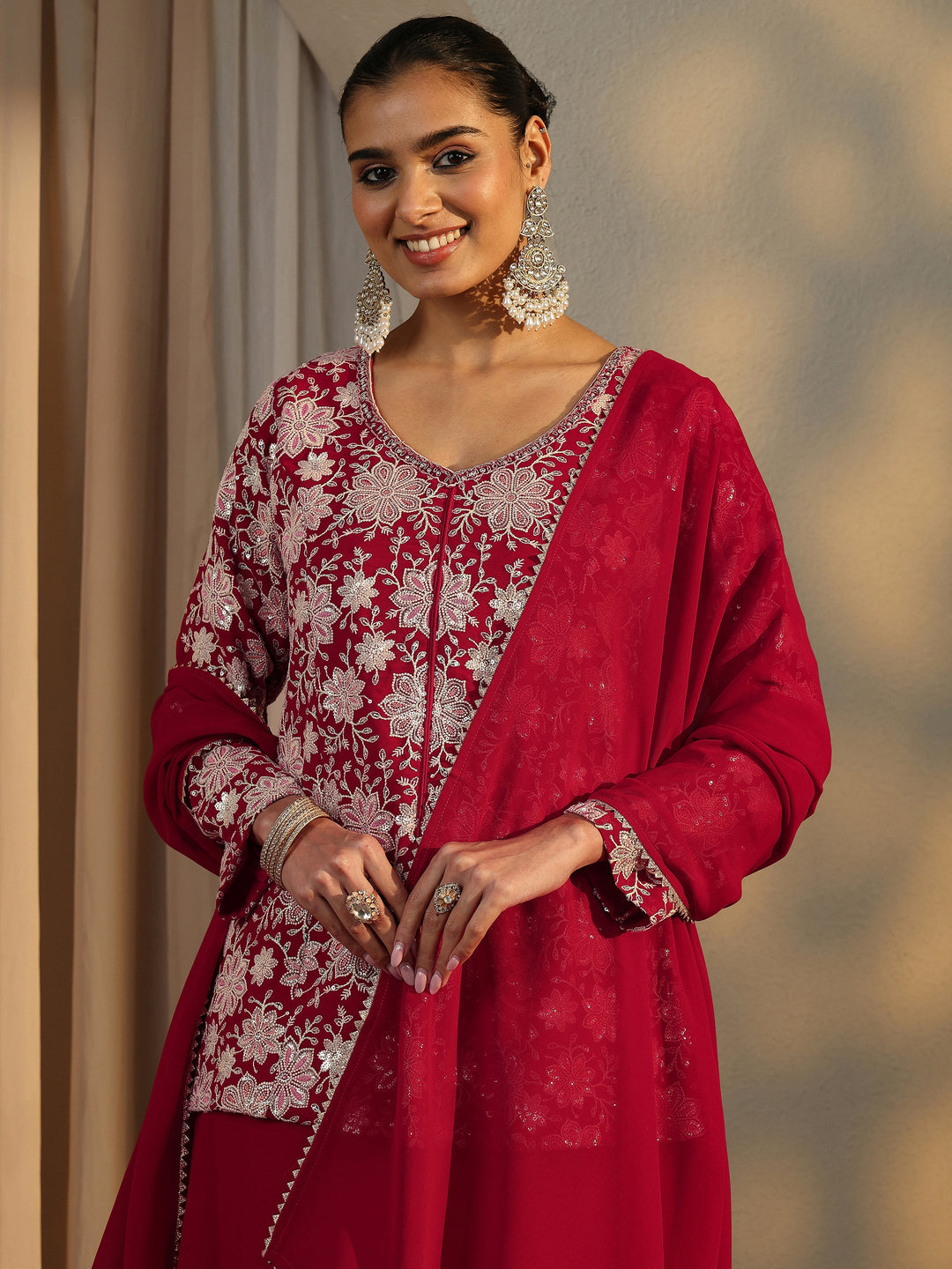  Libas Art Red Embroidered Georgette Straight Suit Set With Dupatta 