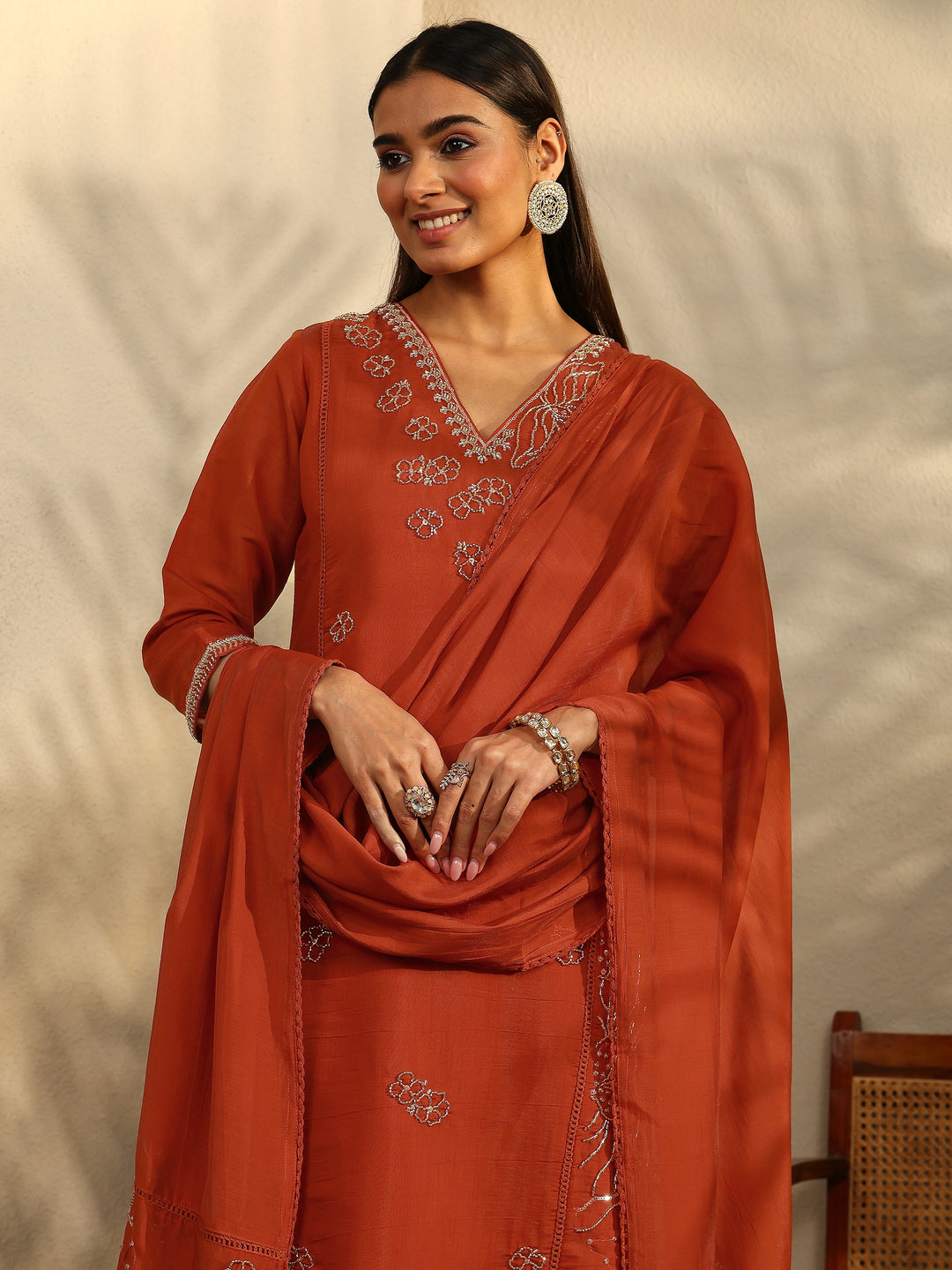  Libas Art Rust Embroidered Silk Blend Straight Suit Set With Dupatta 