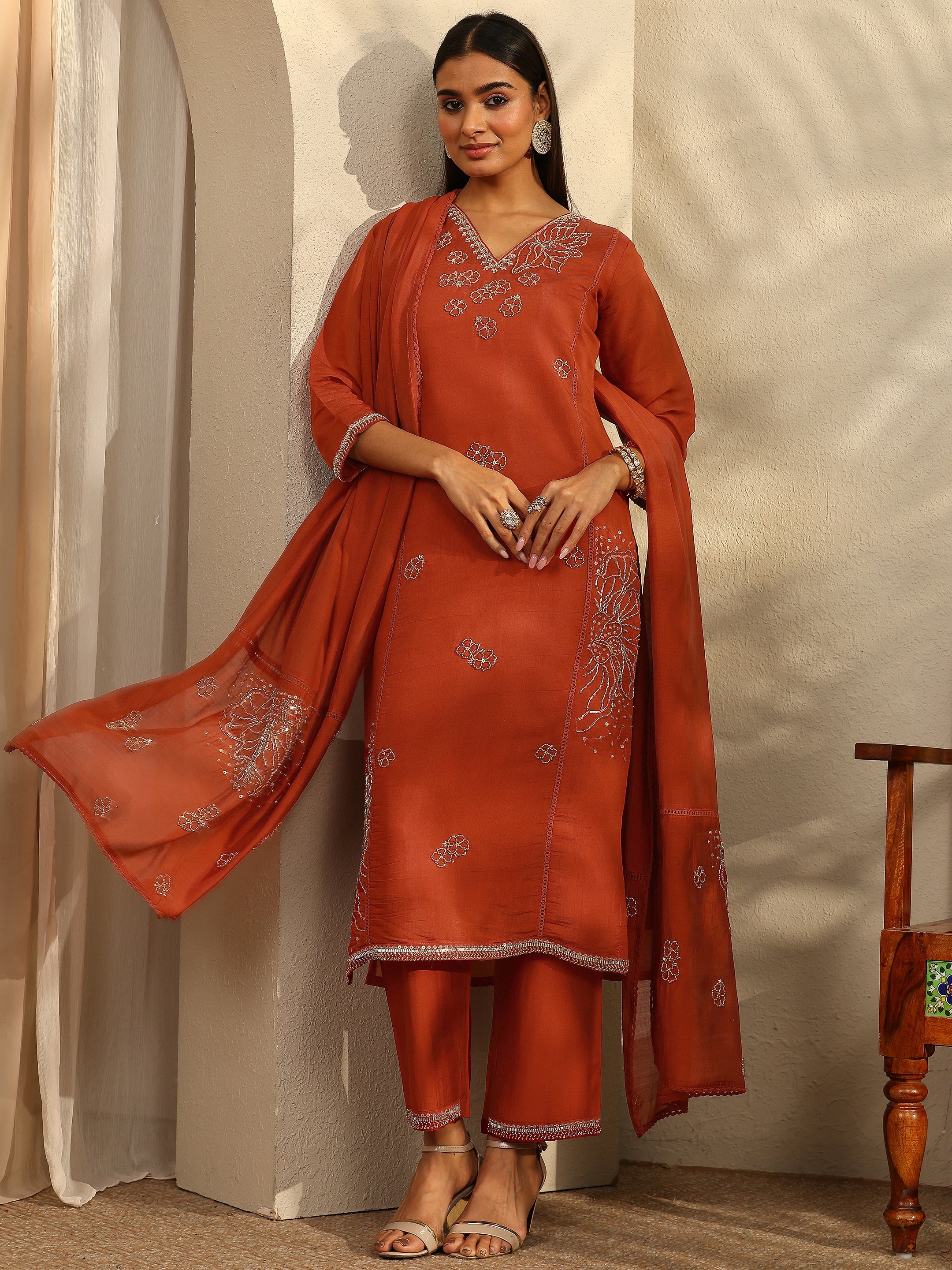 Libas Art Rust Embroidered Silk Blend Straight Suit Set With Dupatta-image-42