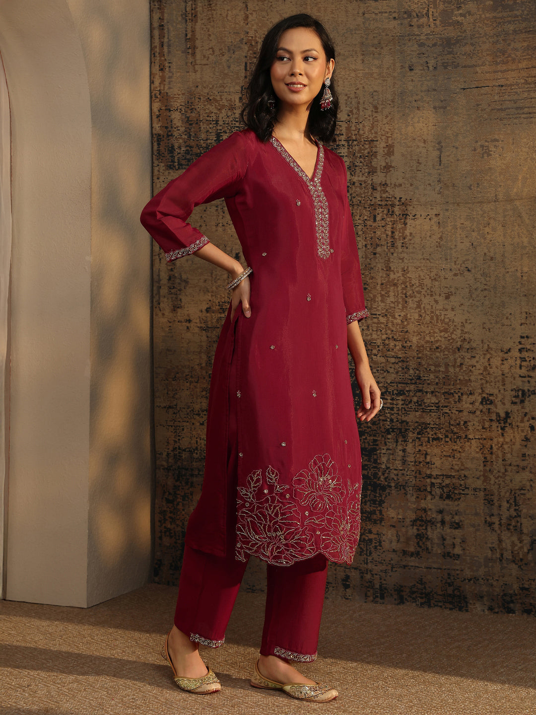  Libas Art Red Embellished Silk Blend Straight Suit Set With Dupatta 