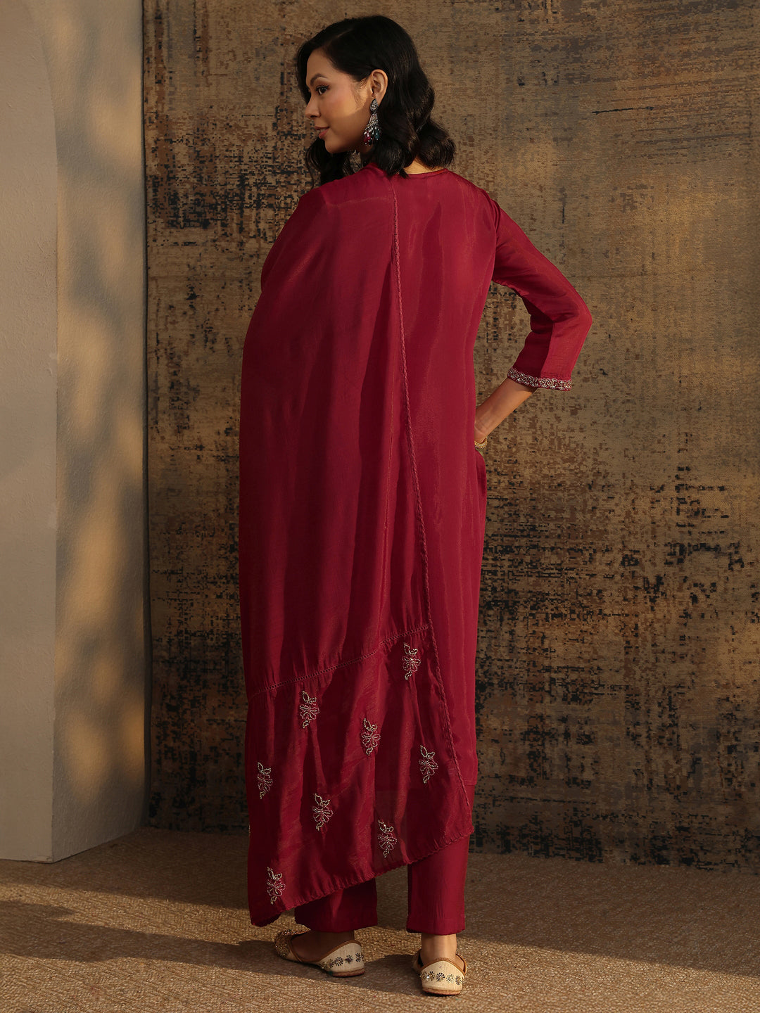  Libas Art Red Embellished Silk Blend Straight Suit Set With Dupatta 