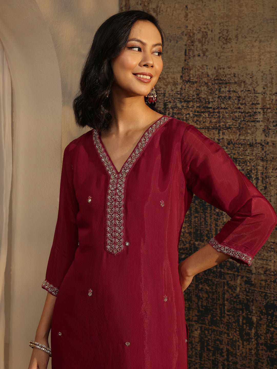  Libas Art Red Embellished Silk Blend Straight Suit Set With Dupatta 