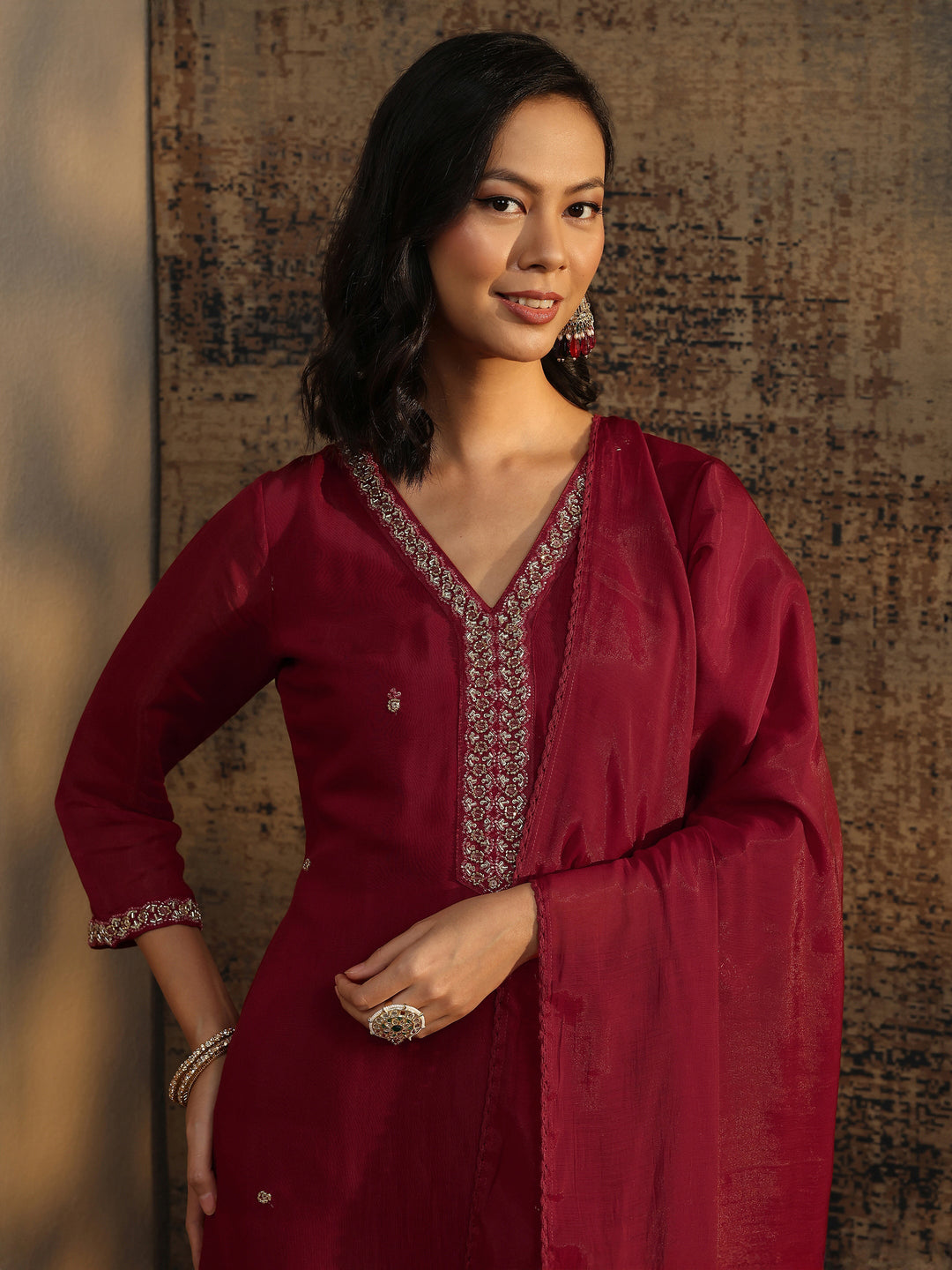  Libas Art Red Embellished Silk Blend Straight Suit Set With Dupatta 