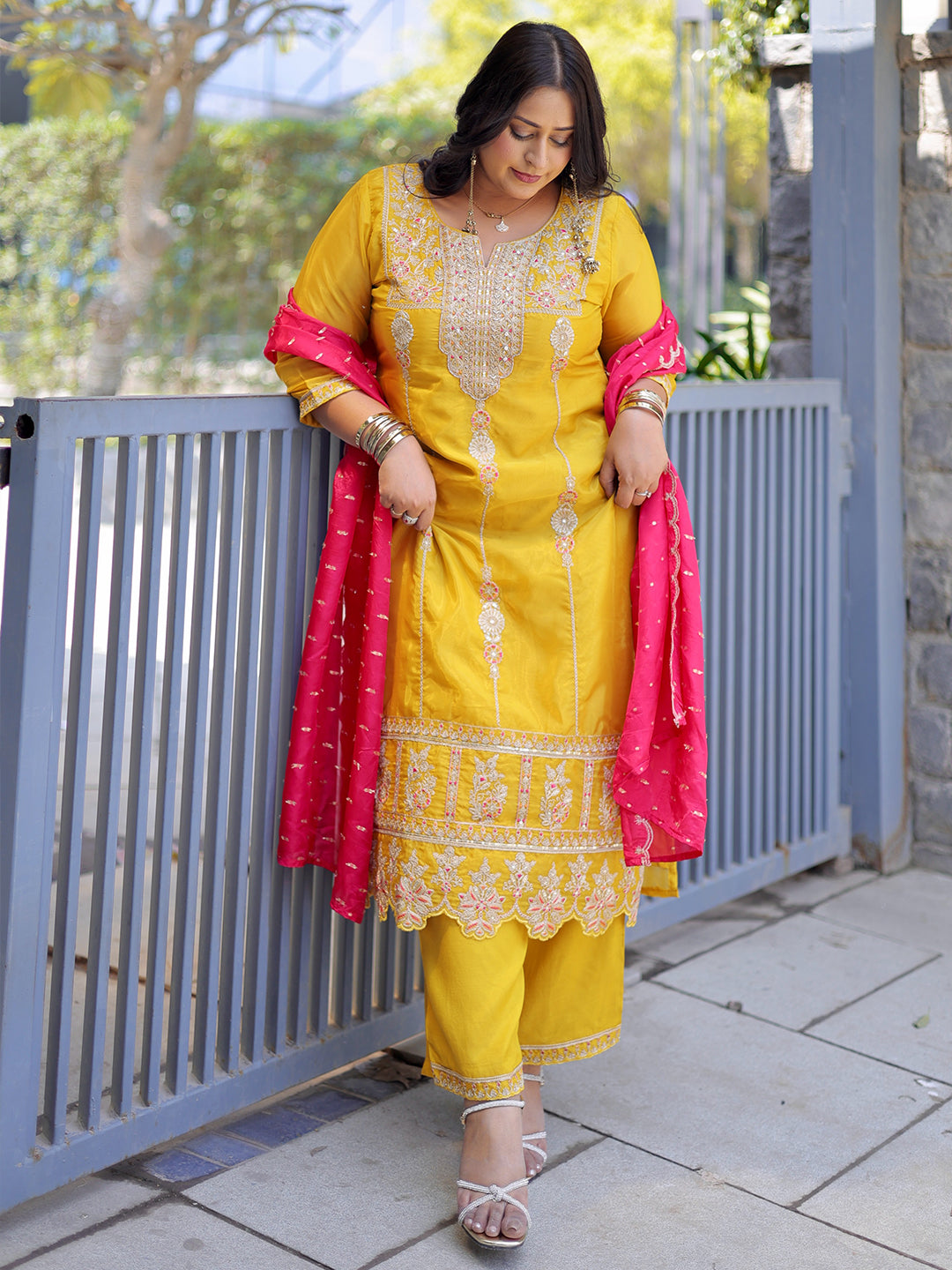  Libas Art Mustard Embroidered Organza Straight Suit Set With Dupatta 