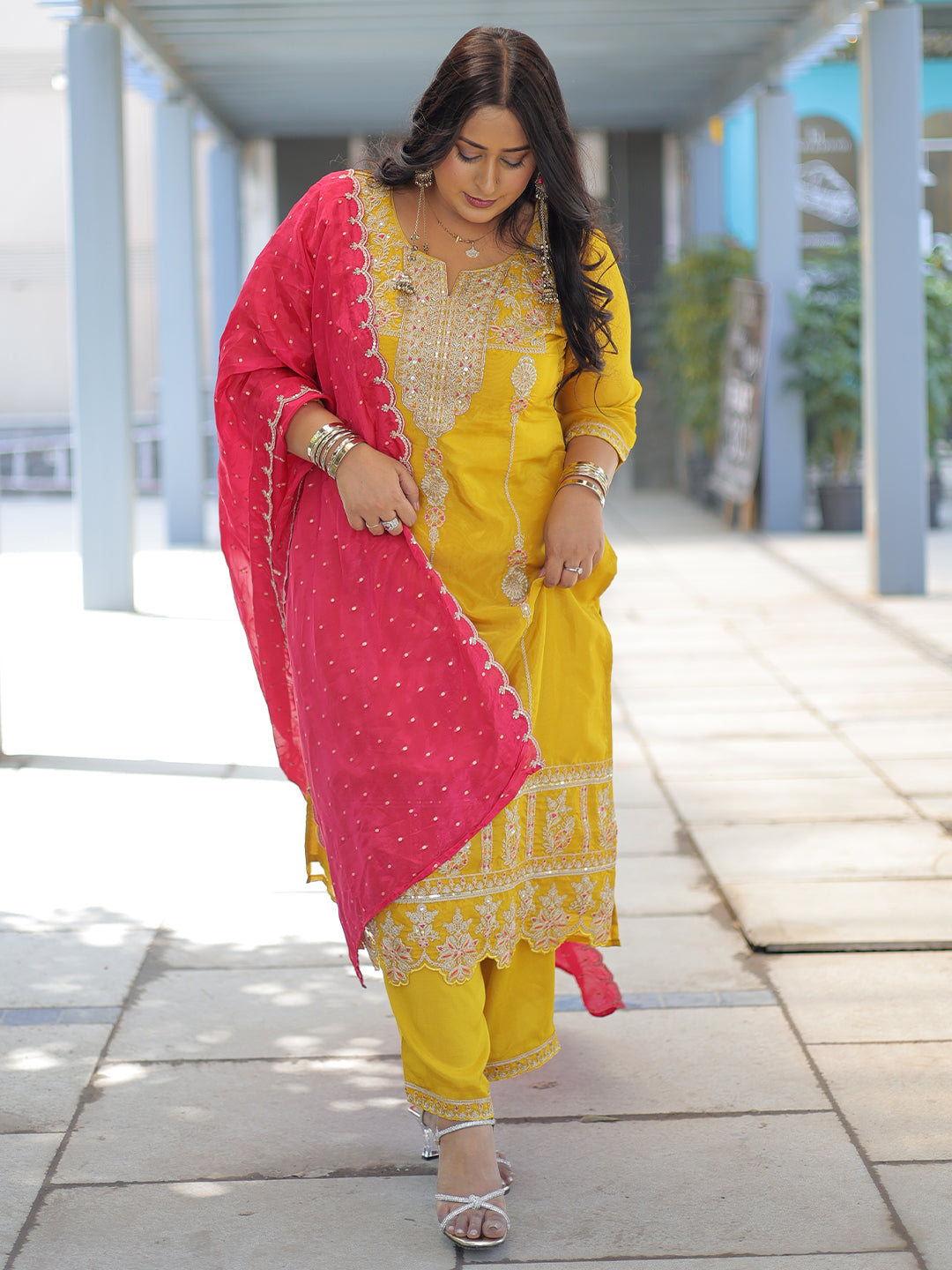 Libas Art Mustard Embroidered Organza Straight Suit Set With Dupatta-picture-34