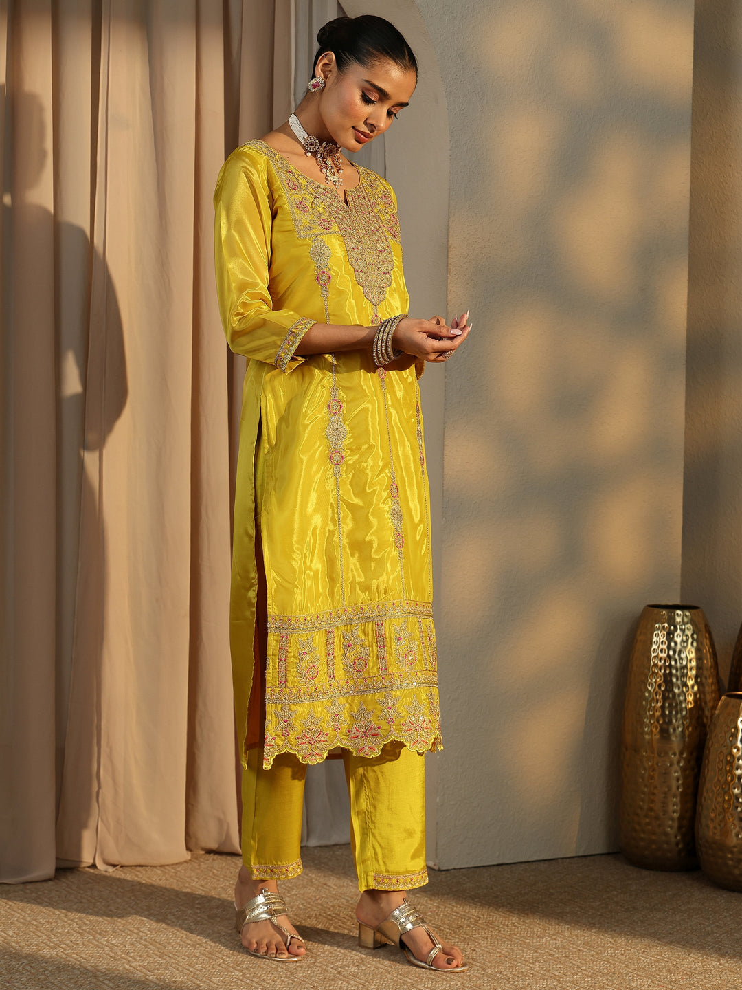  Libas Art Mustard Embroidered Organza Straight Suit Set With Dupatta 