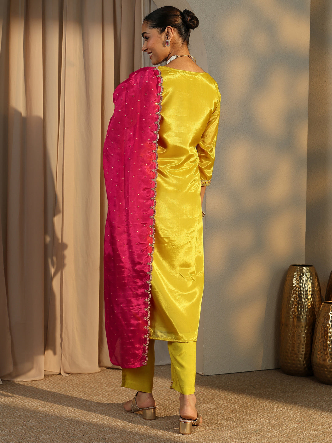  Libas Art Mustard Embroidered Organza Straight Suit Set With Dupatta 