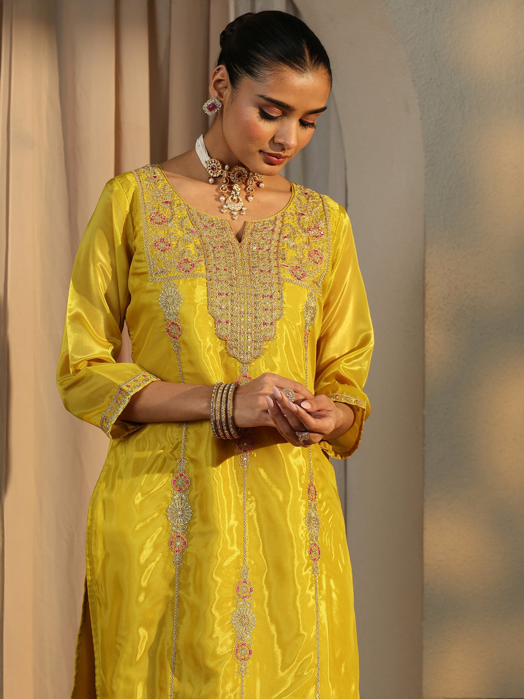  Libas Art Mustard Embroidered Organza Straight Suit Set With Dupatta 