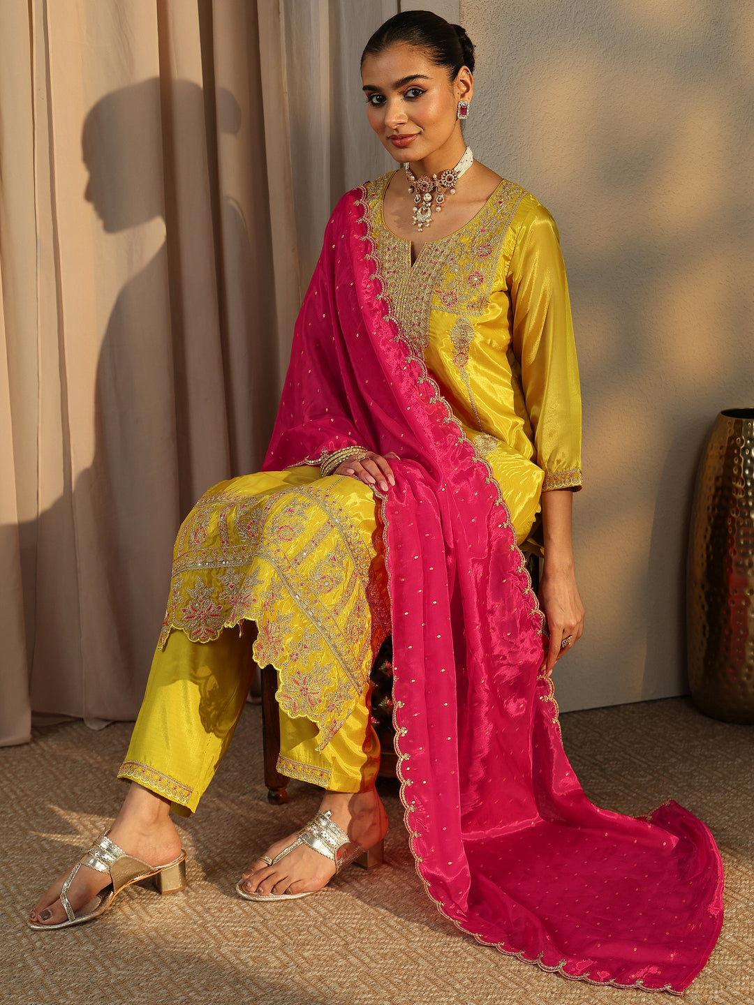  Libas Art Mustard Embroidered Organza Straight Suit Set With Dupatta 