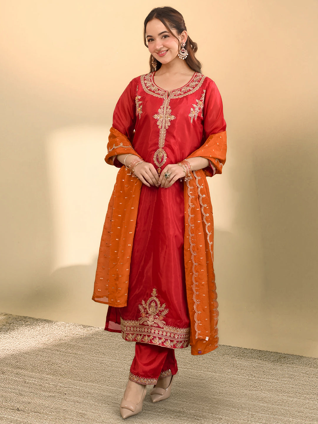 Libas Art Red Embroidered Organza Straight Suit Set With Dupatta