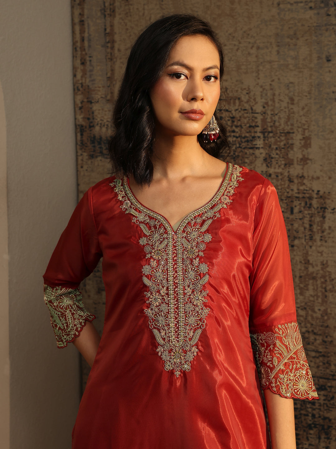  Libas Art Rust Embroidered Organza Straight Suit Set With Dupatta 