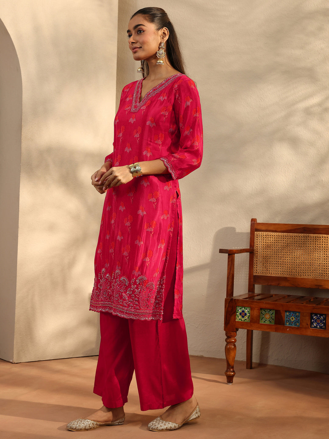  Libas Art Red Printed Crepe Straight Suit Set With Dupatta 