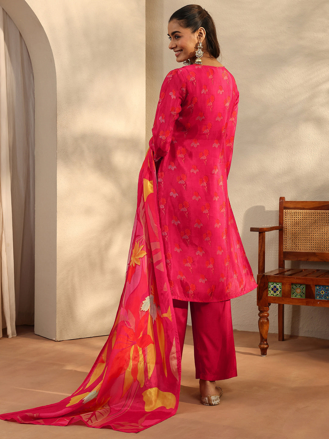  Libas Art Red Printed Crepe Straight Suit Set With Dupatta 