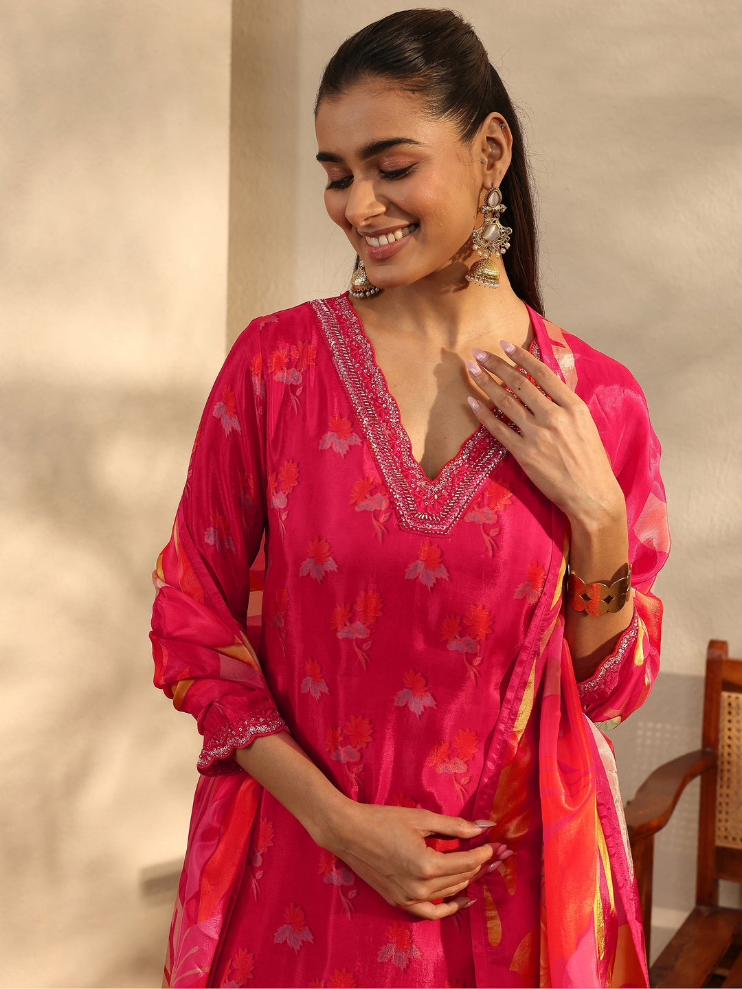  Libas Art Red Printed Crepe Straight Suit Set With Dupatta 