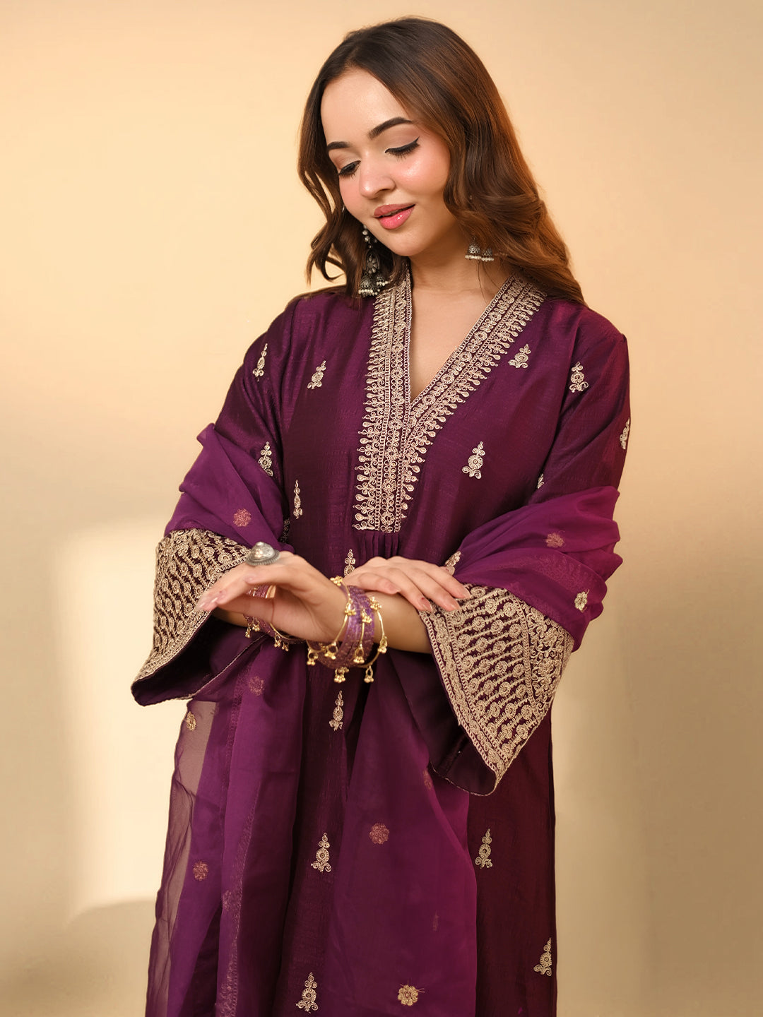  Burgundy Embroidered Silk Blend A-Line Suit Set With Dupatta 