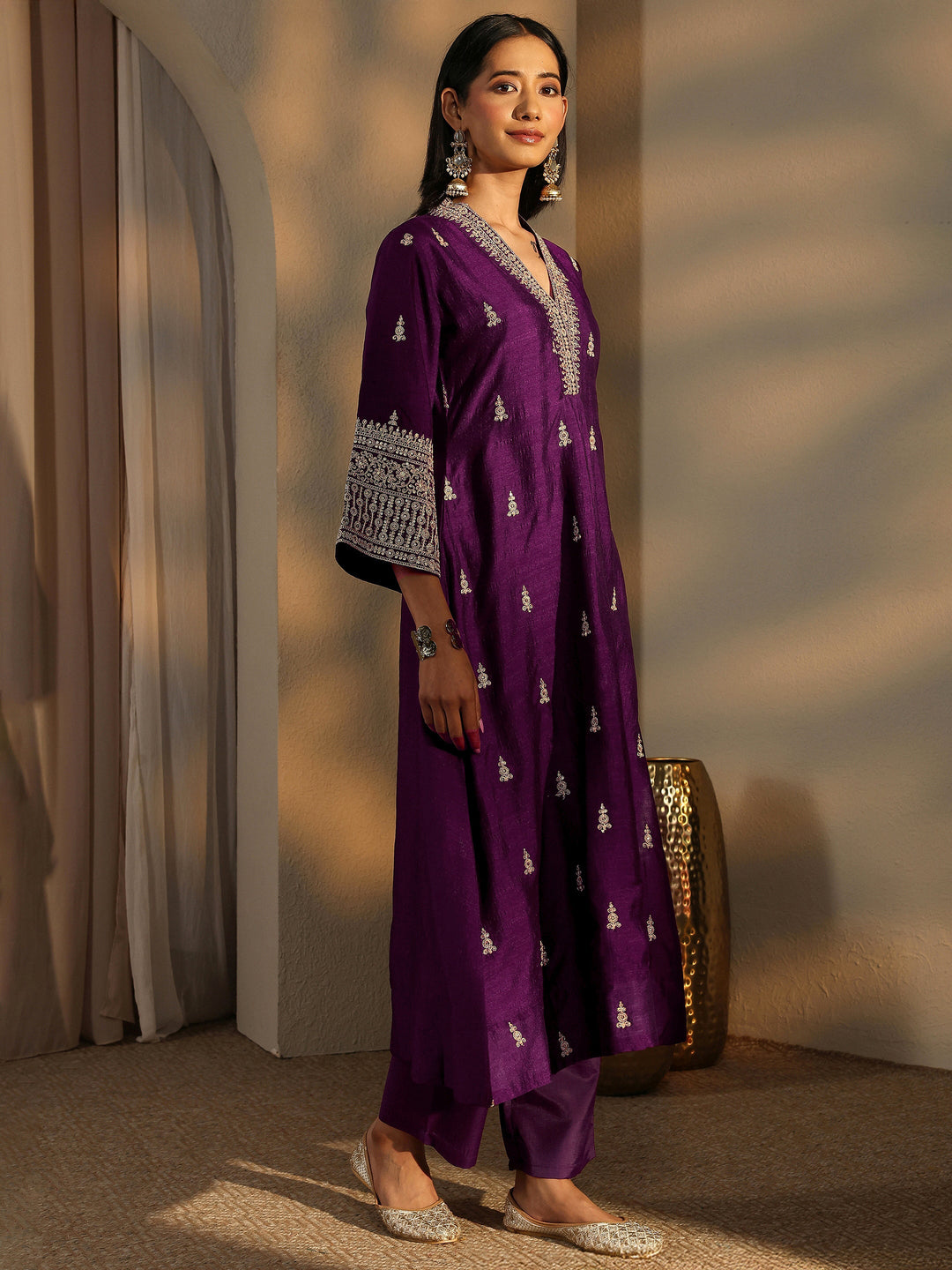  Burgundy Embroidered Silk Blend A-Line Suit Set With Dupatta 