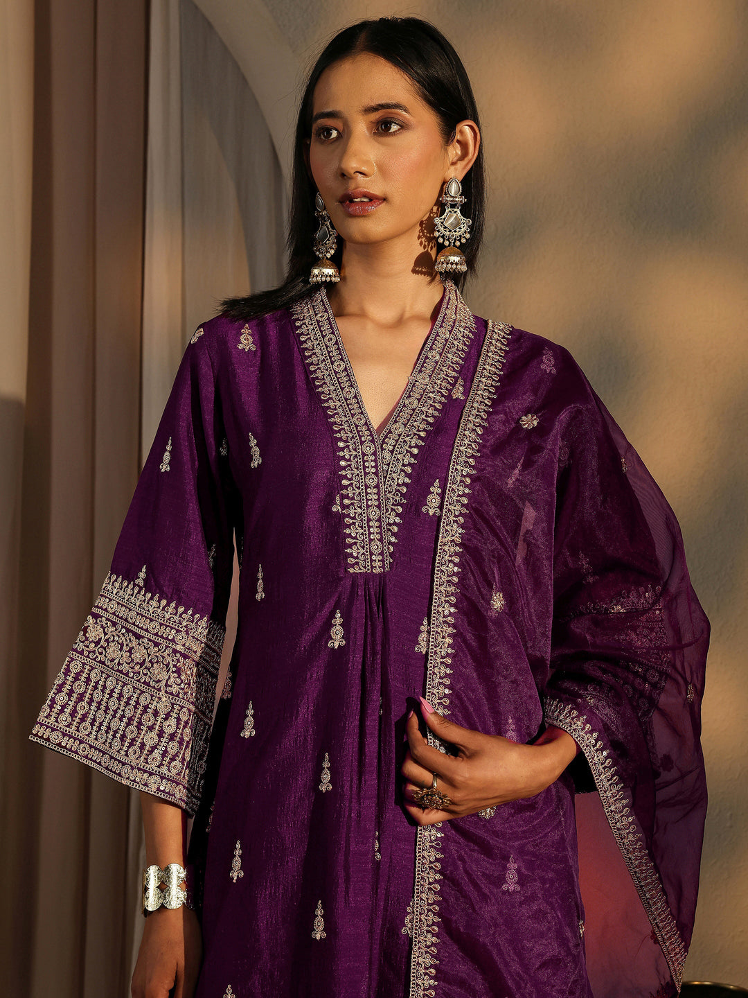  Burgundy Embroidered Silk Blend A-Line Suit Set With Dupatta 