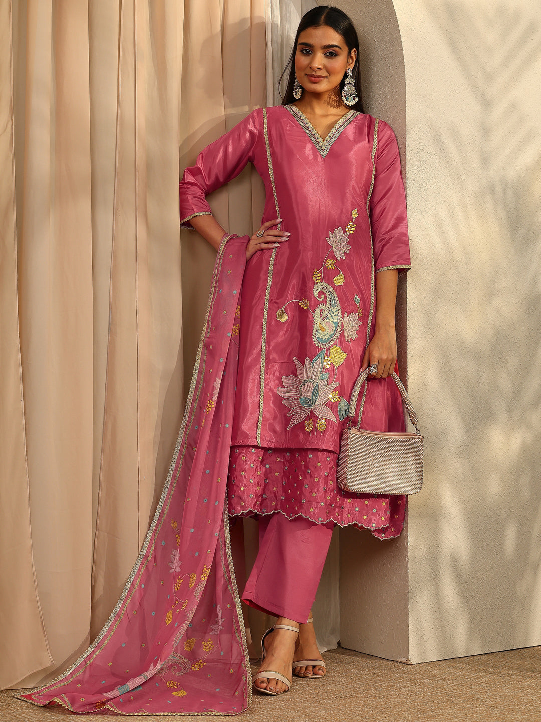  Pink Embroidered Crepe Straight Suit Set With Dupatta 