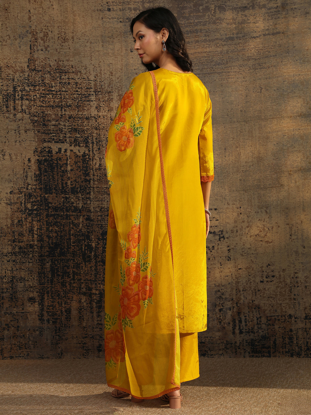  Yellow Embroidered Crepe Straight Suit Set With Dupatta 