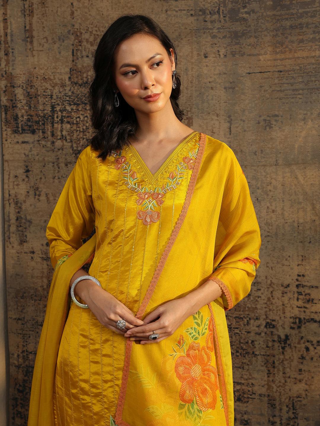  Yellow Embroidered Crepe Straight Suit Set With Dupatta 