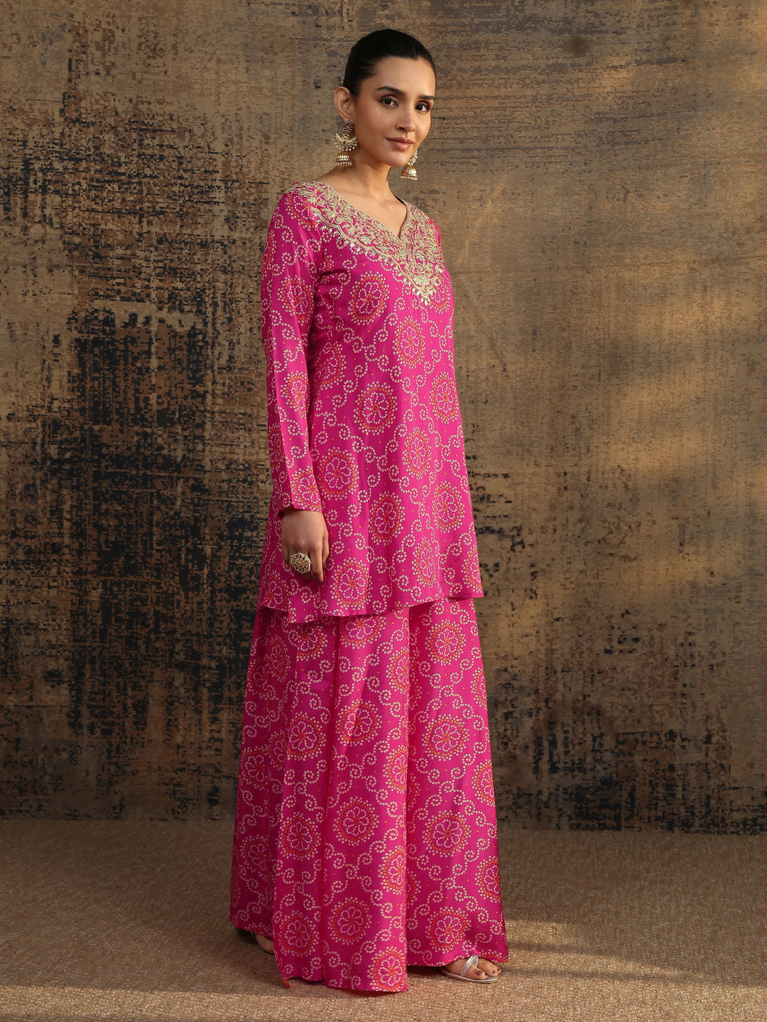  Pink Bandhani Printed Silk Blend Straight Suit Set With Dupatta 