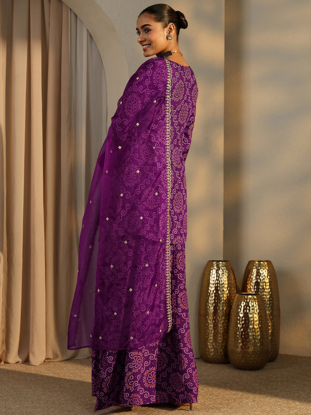  Purple Bandhani Printed Silk Blend Straight Suit Set With Dupatta 