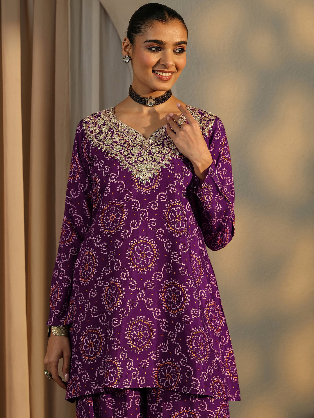  Purple Bandhani Printed Silk Blend Straight Suit Set With Dupatta 