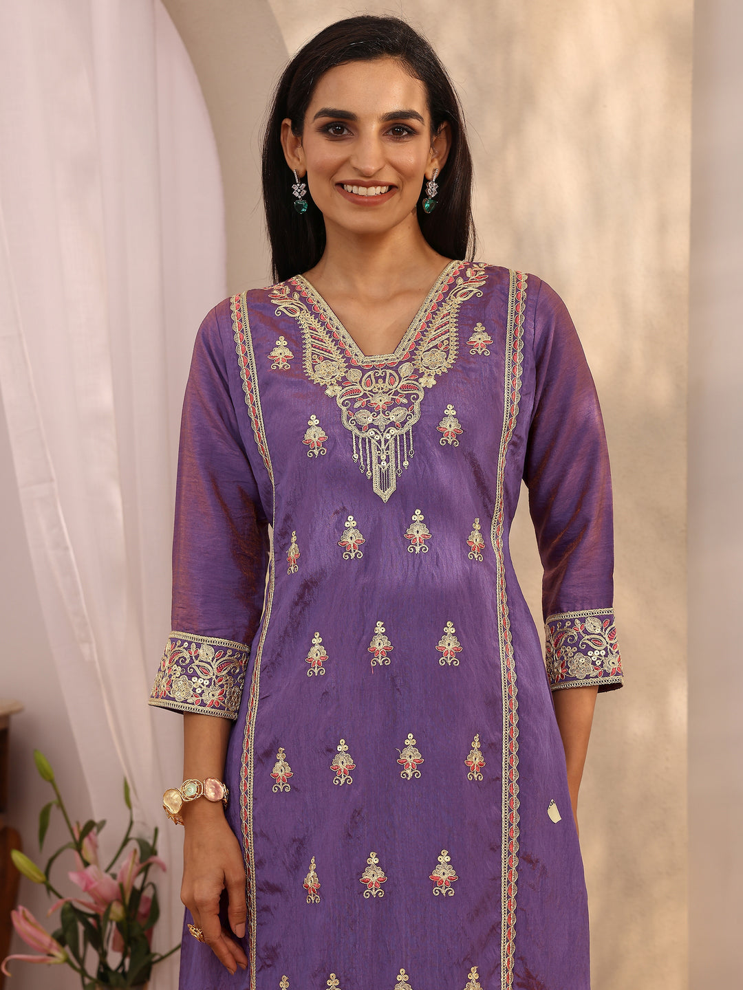  Purple Embroidered Silk blend Straight Suit Set With Dupatta 
