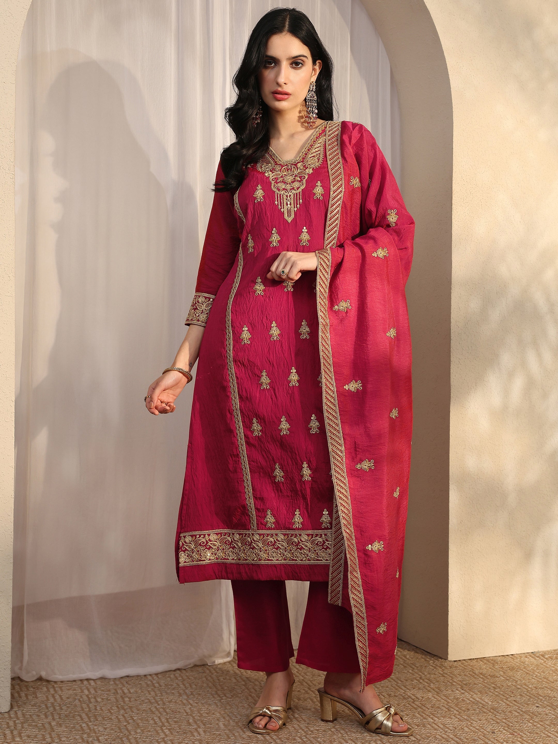 libas Pink Embroidered Silk Blend Straight Suit Set With Dupatta-picture-42
