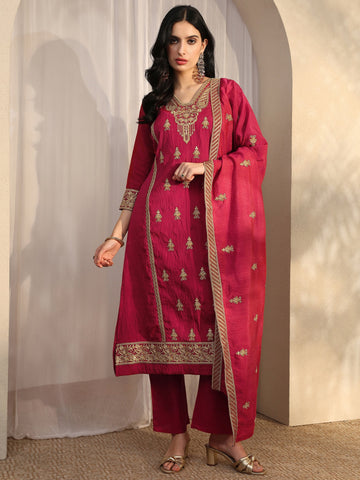 Pink Embroidered Silk Blend Straight Suit Set With Dupatta