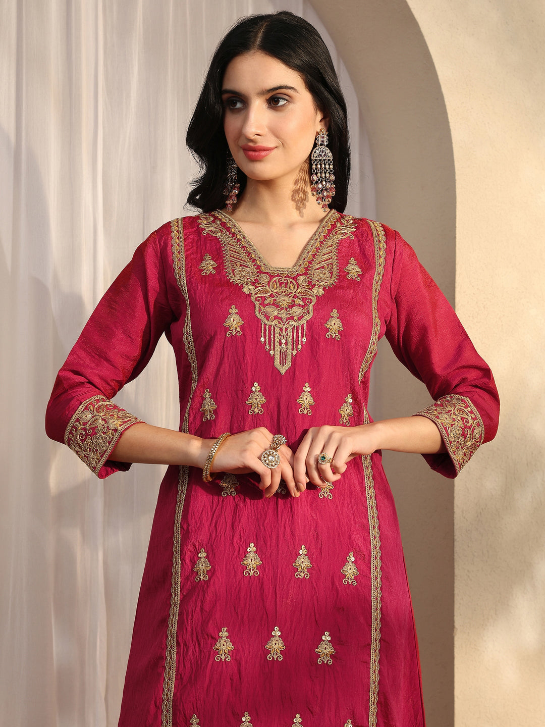 Pink Embroidered Silk Blend Straight Suit Set With Dupatta 