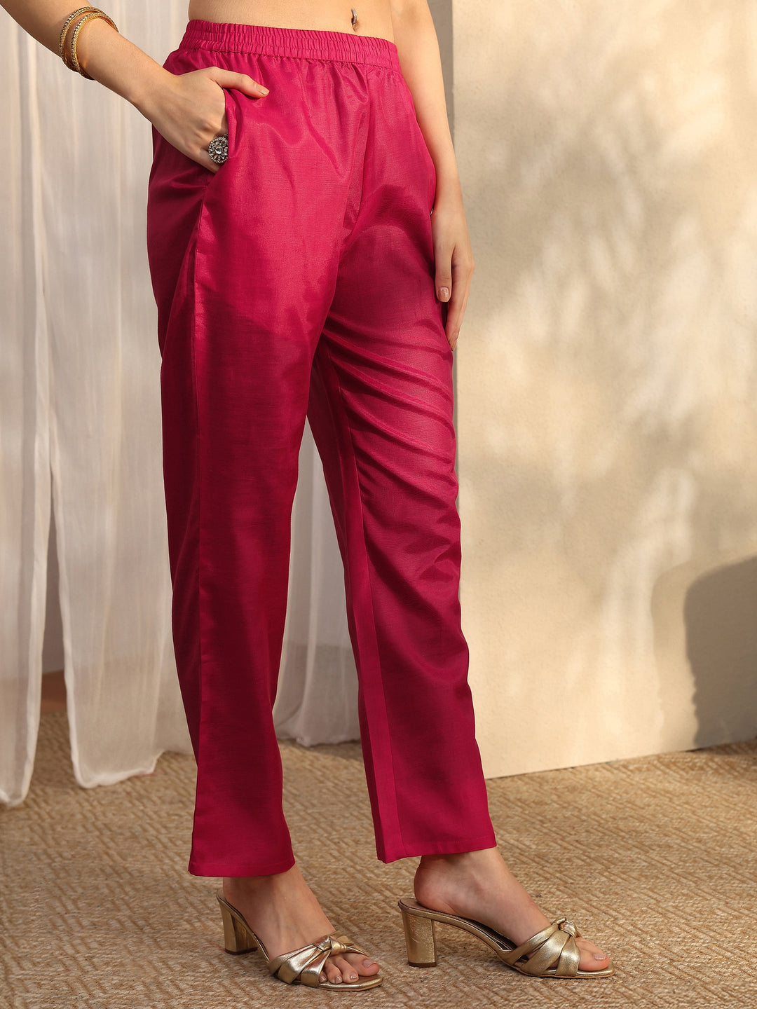  Pink Embroidered Silk Blend Straight Suit Set With Dupatta 