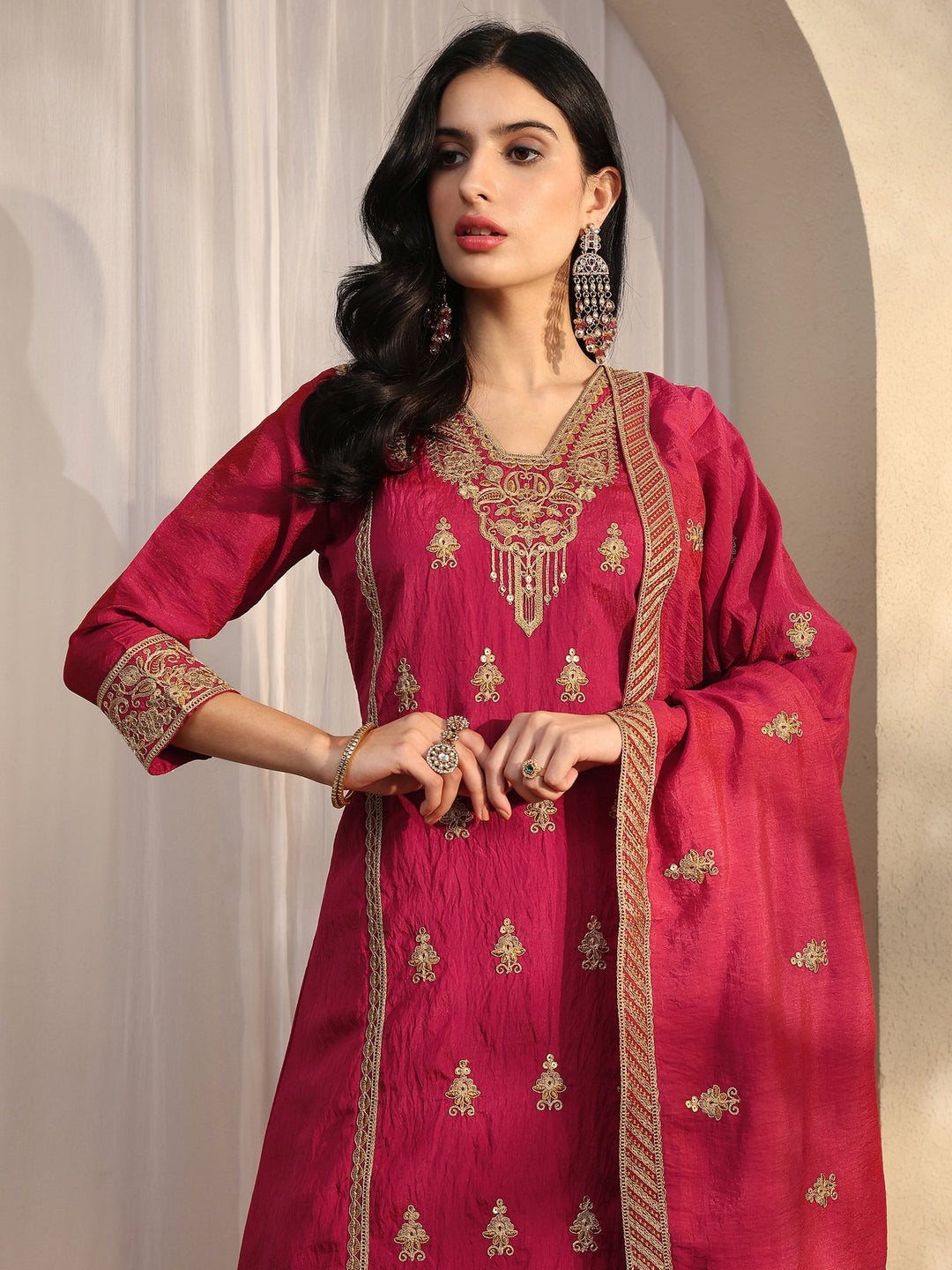  Pink Embroidered Silk Blend Straight Suit Set With Dupatta 