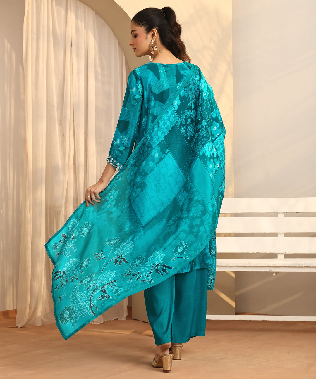  Libas Art Blue Printed Silk blend Straight Suit Set With Dupatta 