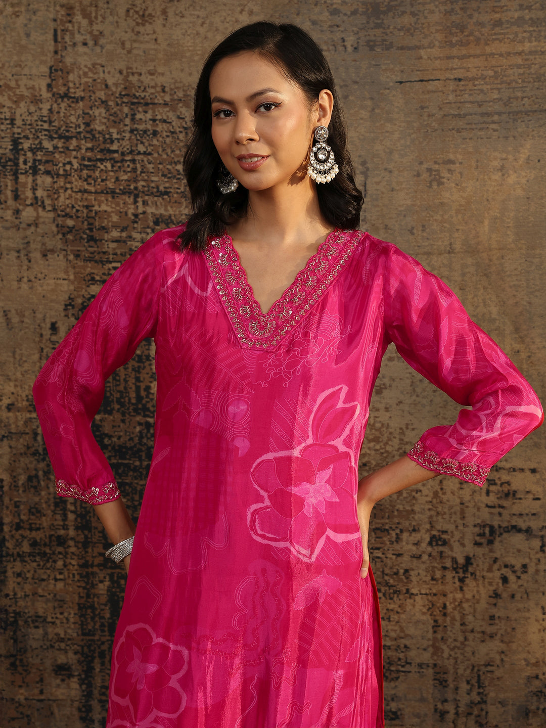  Libas Art Pink Embroidered Silk Blend Straight Suit Set With Dupatta 