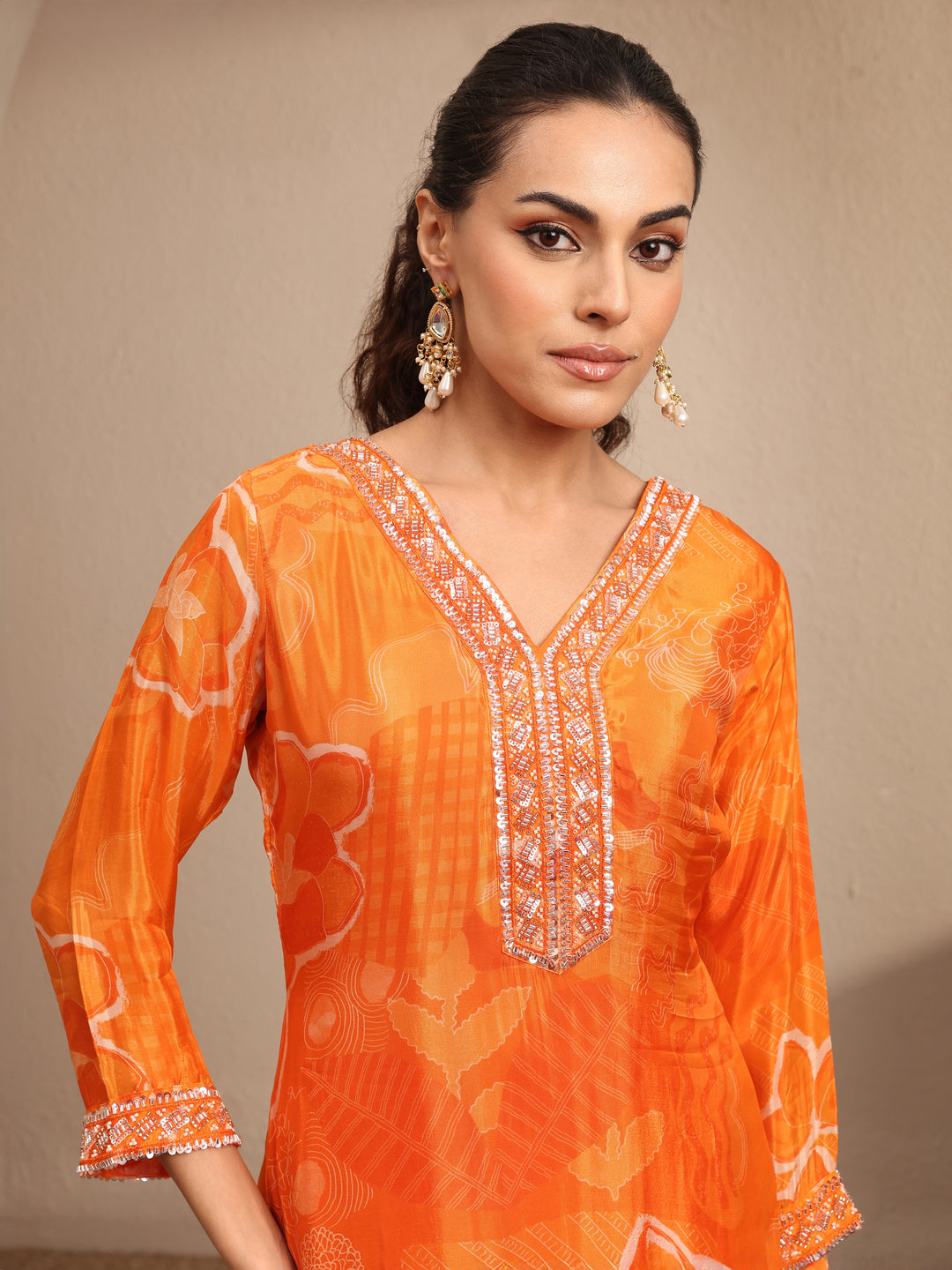 Libas Art Orange Embroidered Silk blend Straight Suit Set With Dupatta 