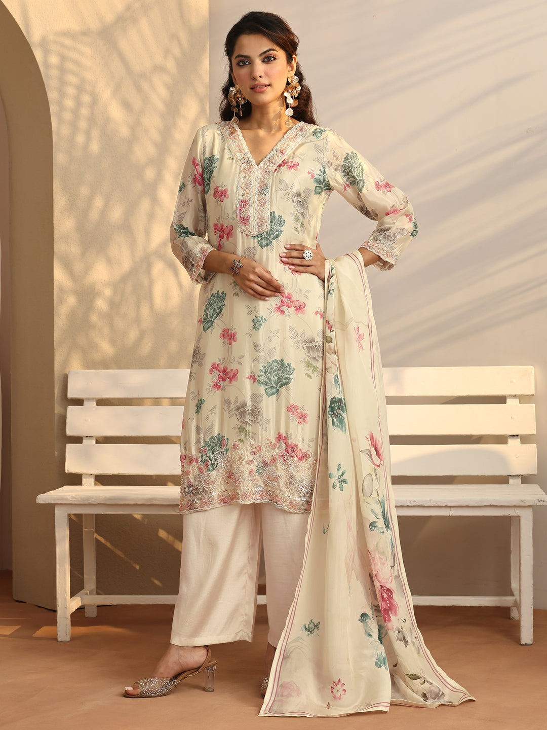  Libas Art Off White Printed Silk blend Straight Suit Set With Dupatta 