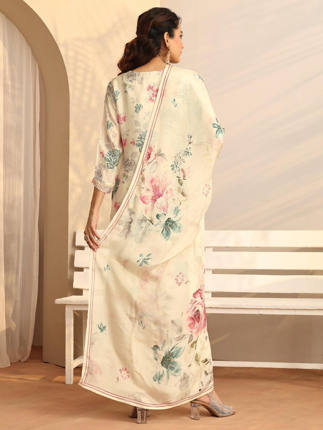  Libas Art Off White Printed Silk blend Straight Suit Set With Dupatta 