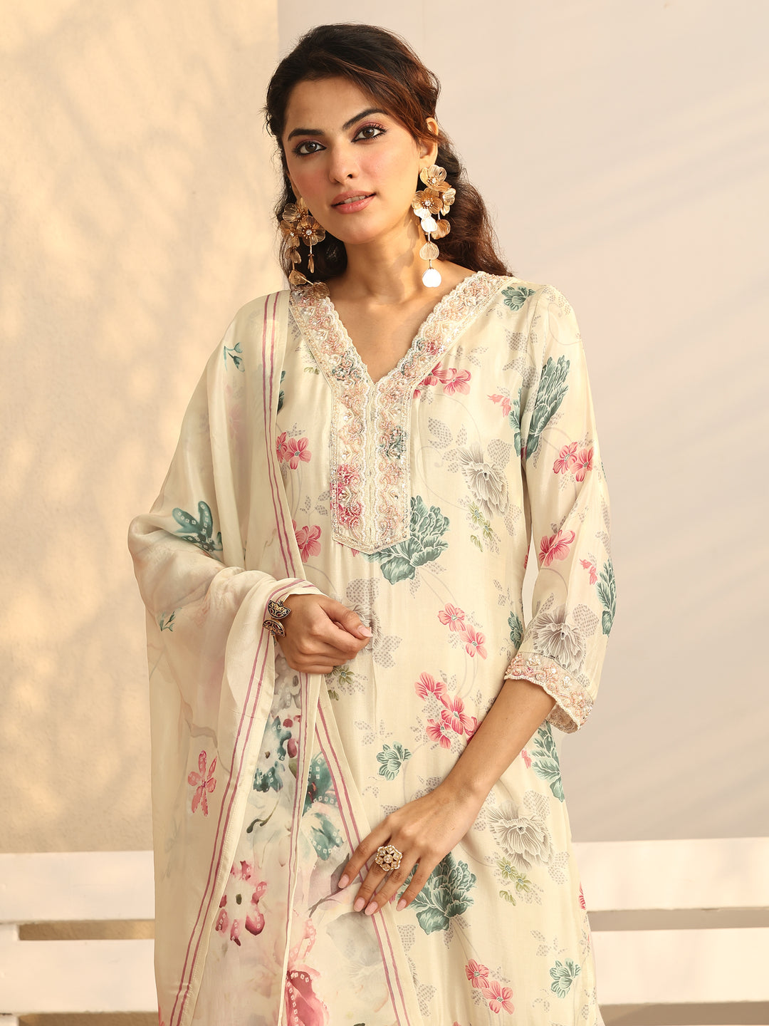 Libas Art Off White Printed Silk blend Straight Suit Set With Dupatta 
