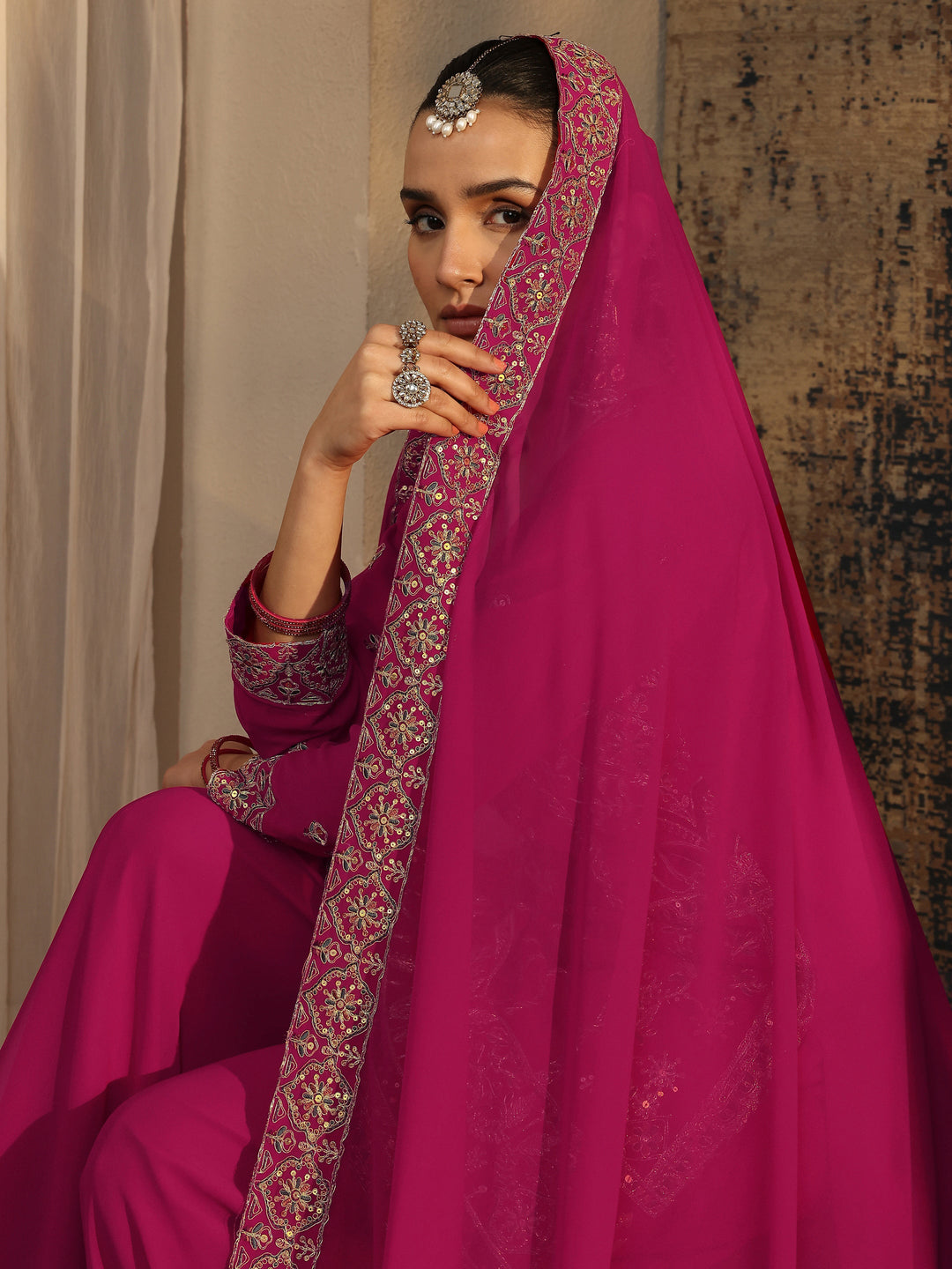  Libas Art Pink Embroidered Chinon Straight Suit Set With Dupatta 
