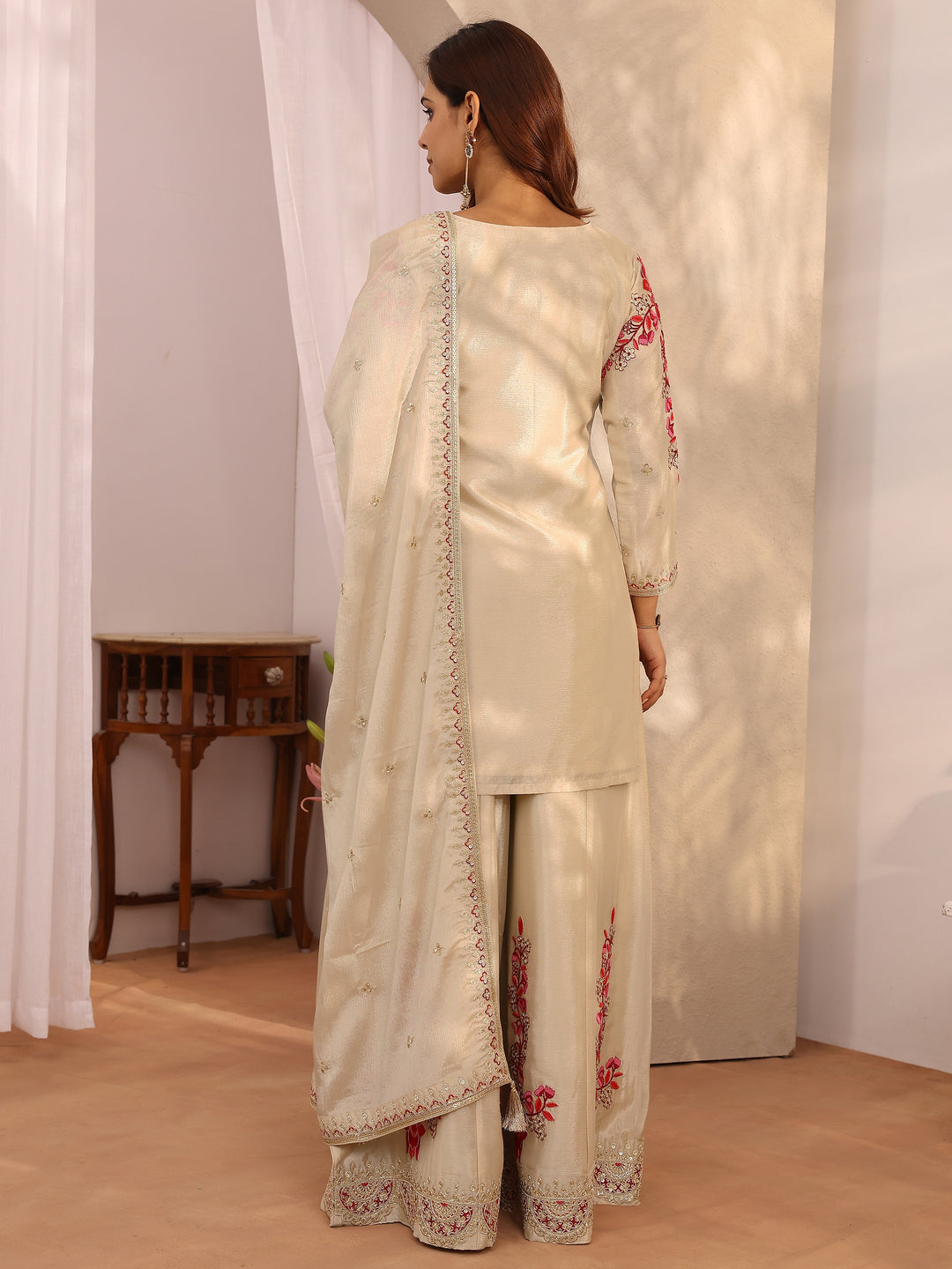  Libas Art Beige Embroidered Chinon Straight Suit Set With Dupatta 