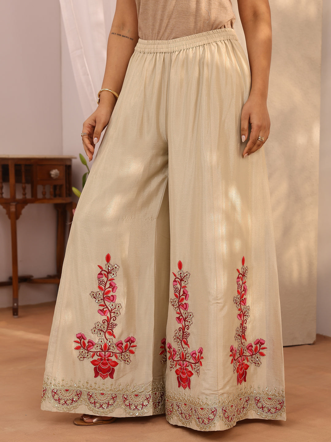  Libas Art Beige Embroidered Chinon Straight Suit Set With Dupatta 