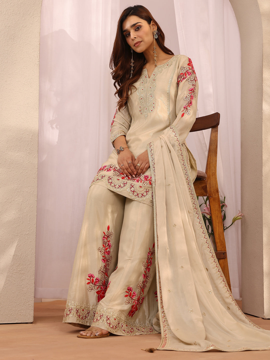 Libas Art Beige Embroidered Chinon Straight Suit Set With Dupatta 