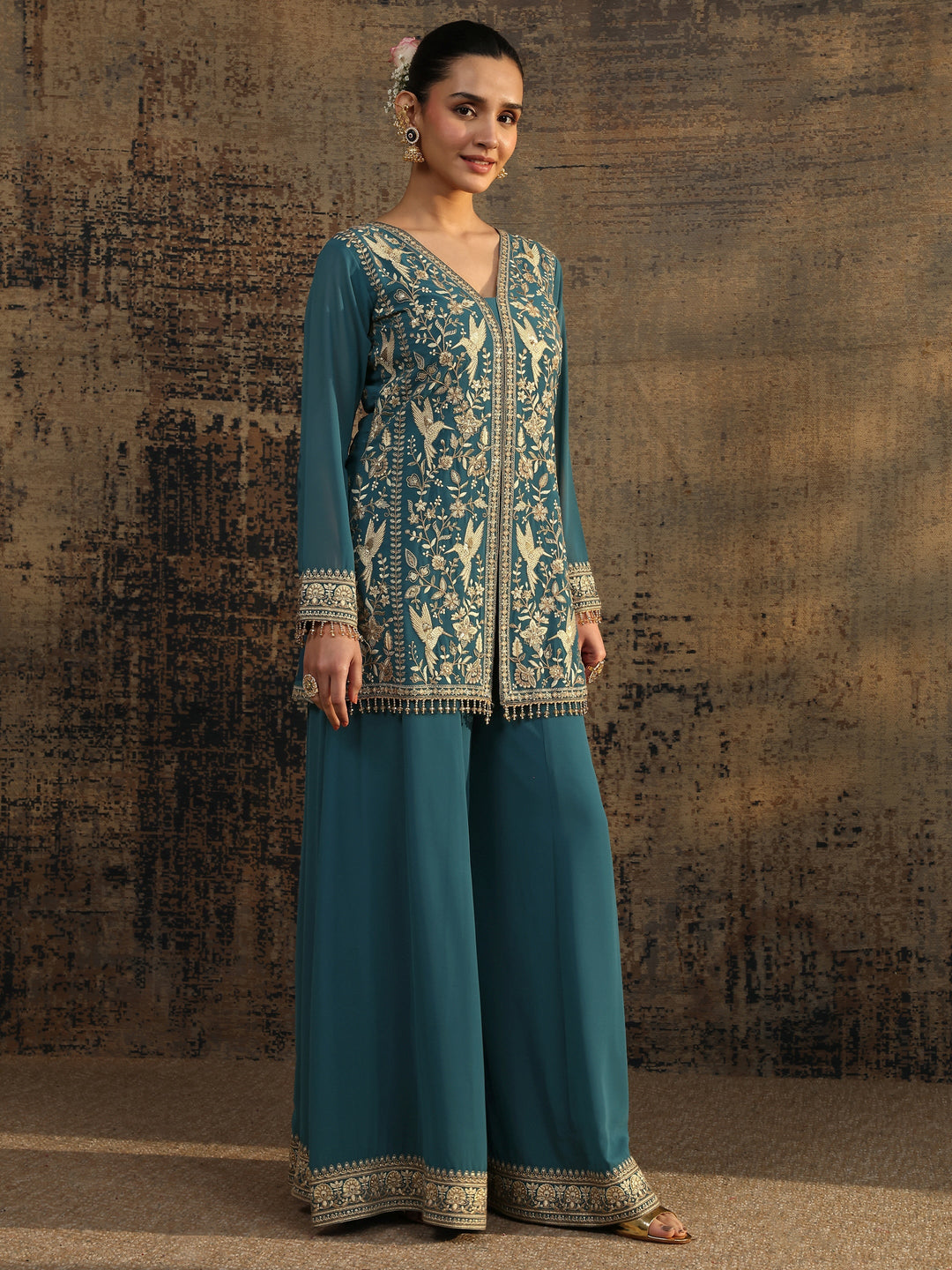  Libas Art Blue Embroidered Georgette Straight Suit Set With Dupatta 