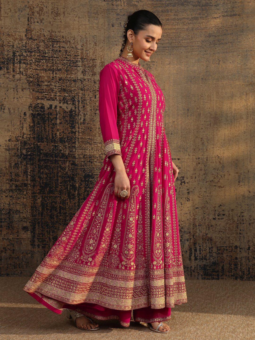  Libas Art Pink Embroidered Georgette Anarkali Suit Set With Dupatta 