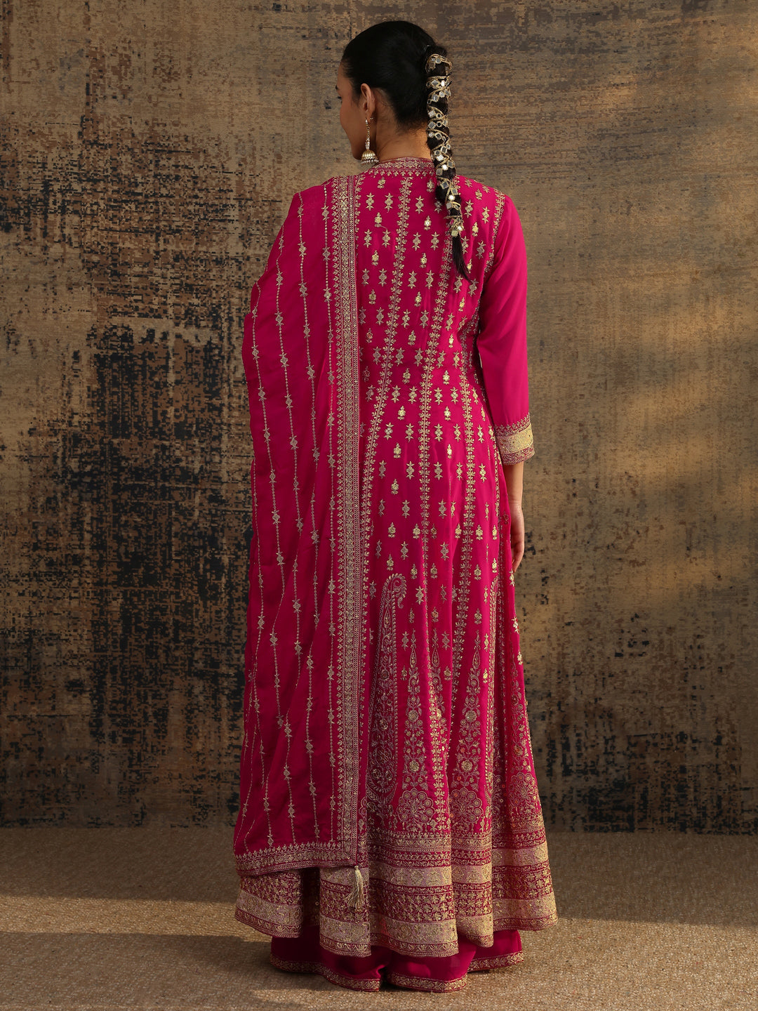  Libas Art Pink Embroidered Georgette Anarkali Suit Set With Dupatta 