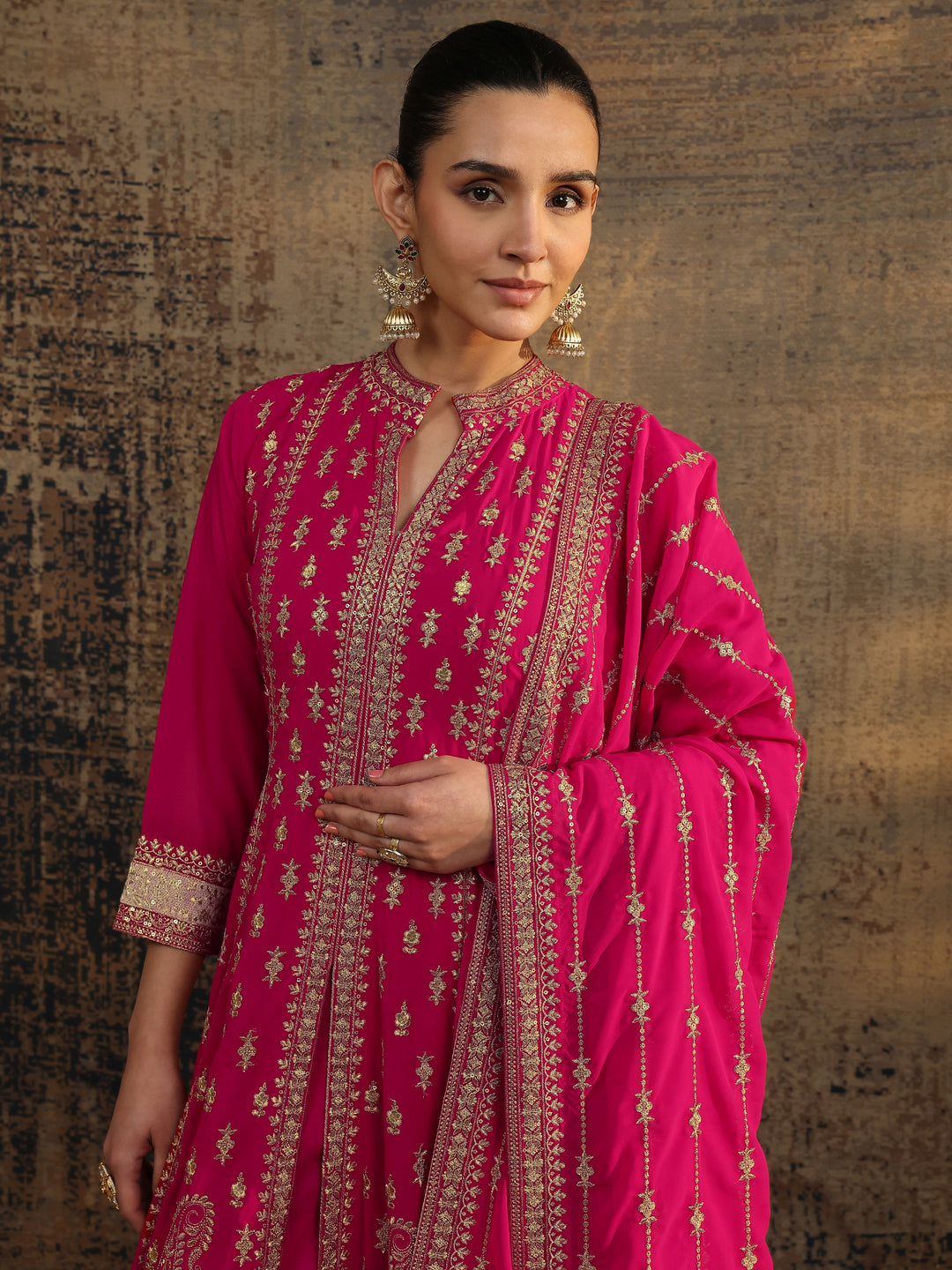  Libas Art Pink Embroidered Georgette Anarkali Suit Set With Dupatta 