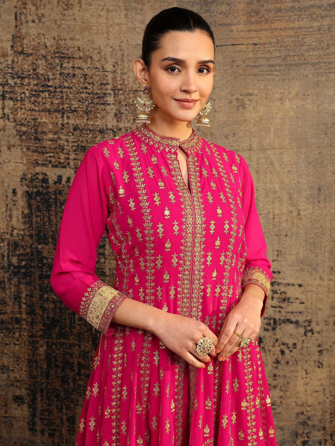  Libas Art Pink Embroidered Georgette Anarkali Suit Set With Dupatta 