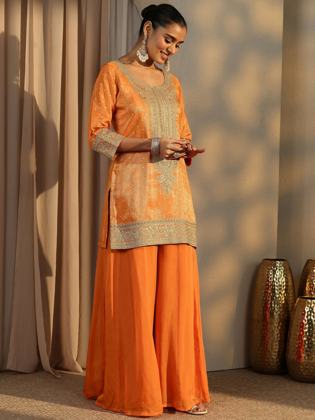  Libas Art Orange Embroidered Silk Blend Straight Suit Set With Dupatta 